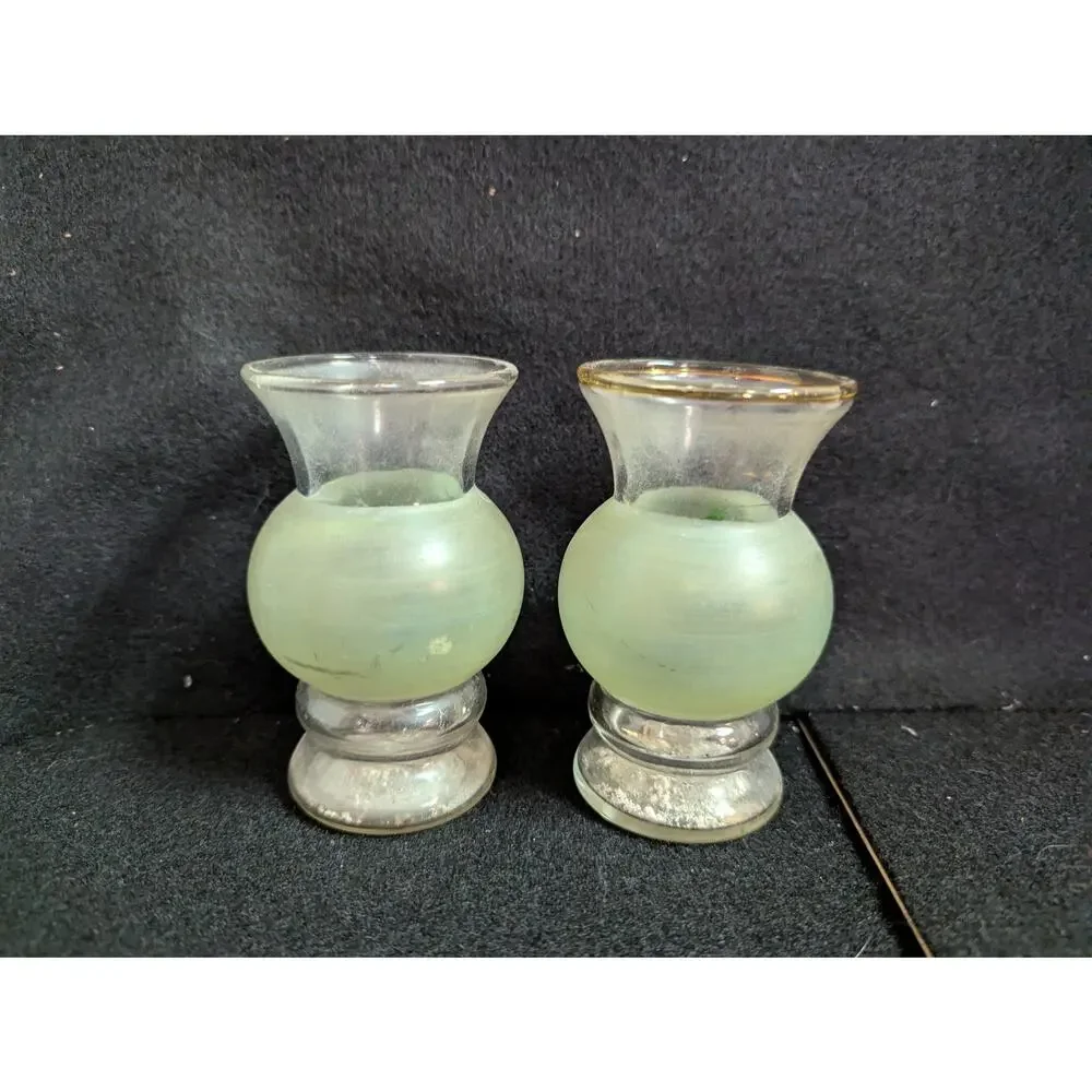 Vintage Frosted Green Hand-Painted Miniature Vases with Silver-Tone Bases - Pair - Picture 4 of 8